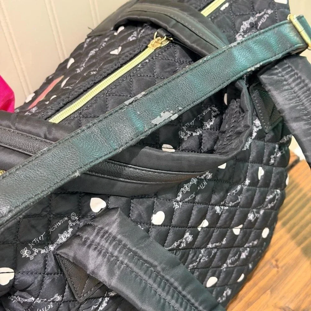 Betsey Johnson Quilted Black‎ Heart Bow Satchel Tote Floral Lined Travel Bag
